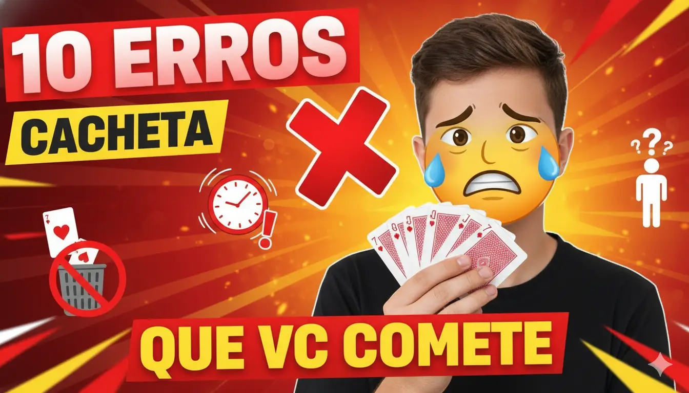 Mão segurando cartas de baralho numa mesa de Cacheta, com destaque para o curinga