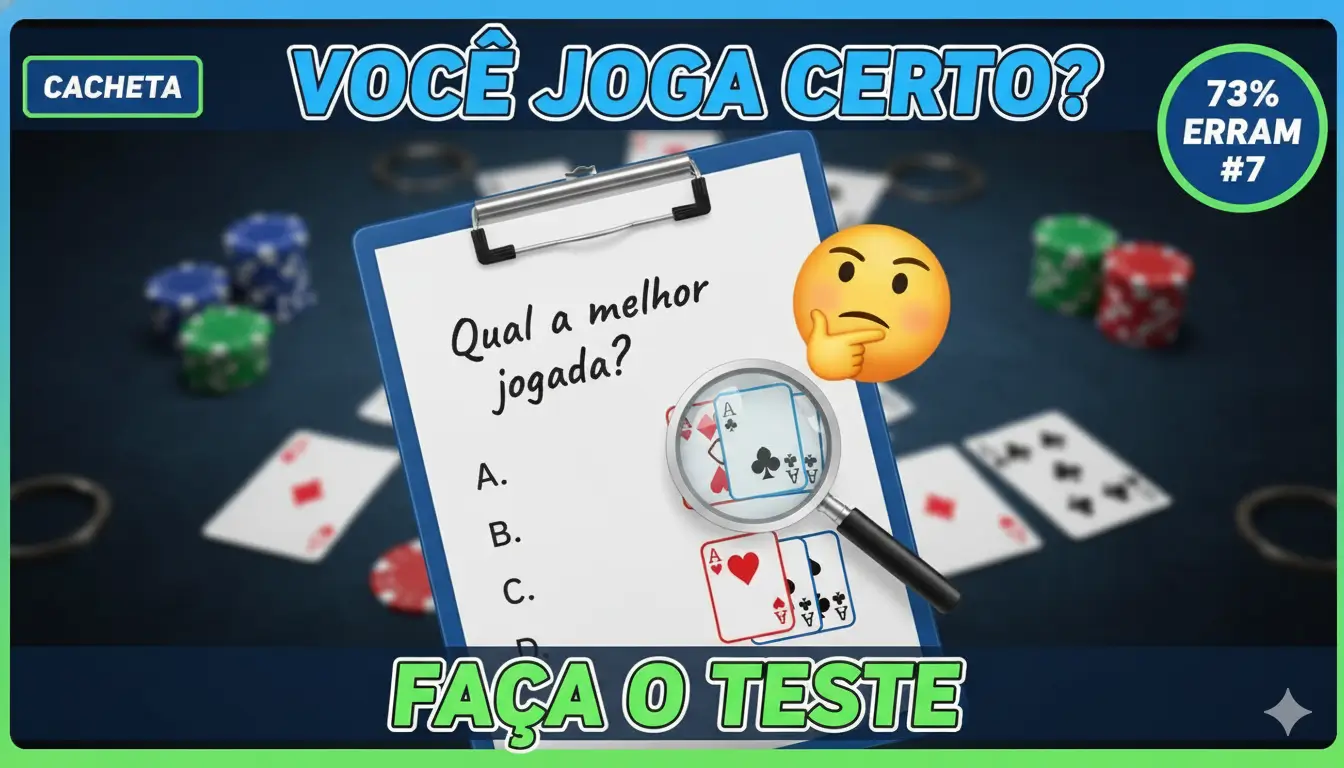 Quiz de cacheta com cartas na mesa e perguntas sobre regras do jogo