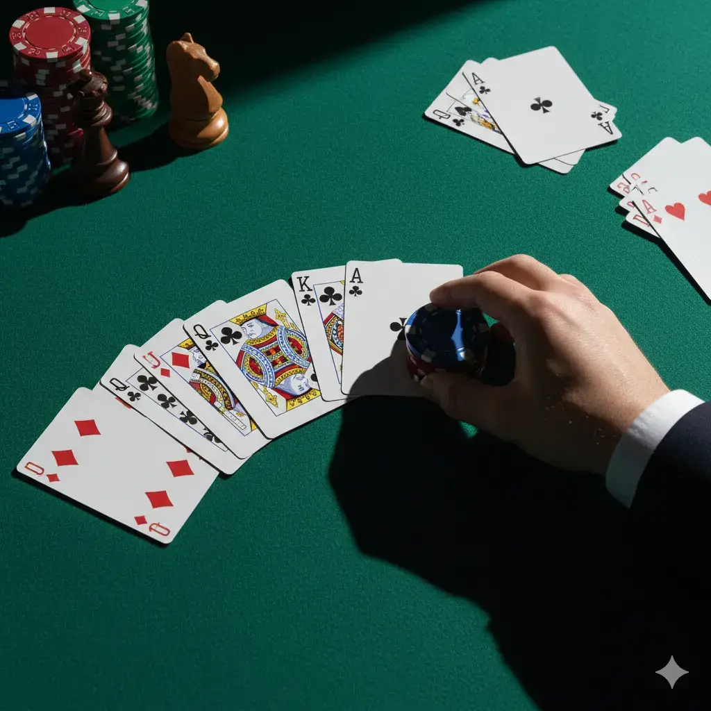 Mão mexendo em cartas de baralho em cima de uma mesa, representando estratégia no Cacheta