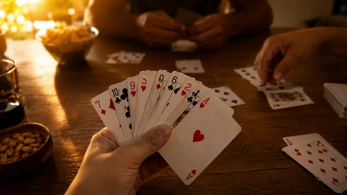 Mão segurando um leque de 9 cartas de baralho sobre uma mesa de madeira, em clima de jogo de cacheta