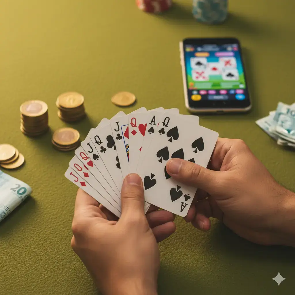 Interface de jogo de cacheta online no celular com cartas na mão e mesa de apostas